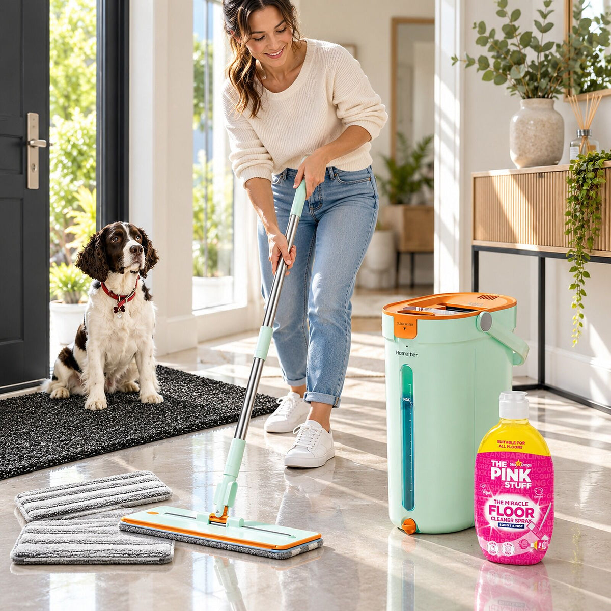 Home Floor Cleaning Set - Flat Mop & Bucket, Microfiber Mop, Pink Stuff Floor Cleaner & Doormat