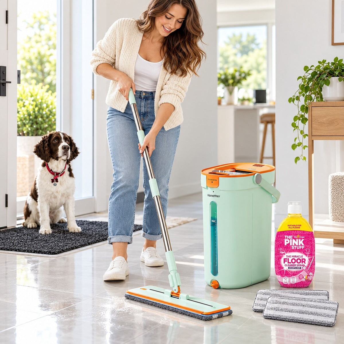 Home Floor Cleaning Set - Flat Mop & Bucket, Microfiber Mop, Pink Stuff Floor Cleaner & Doormat