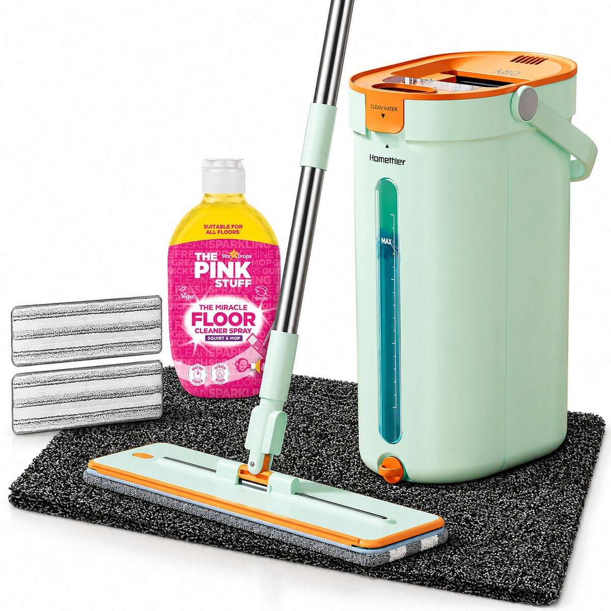 Home Floor Cleaning Set - Flat Mop & Bucket, Microfiber Mop, Pink Stuff Floor Cleaner & Doormat