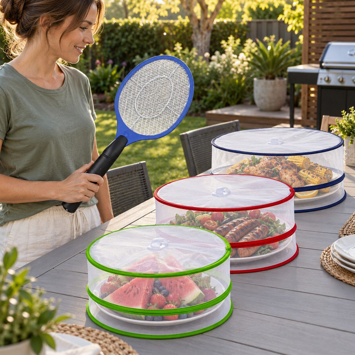 Fly-Free Outdoor Dining Kit - Bug Zapper Racket & 3 Pop Up Mesh Food Covers