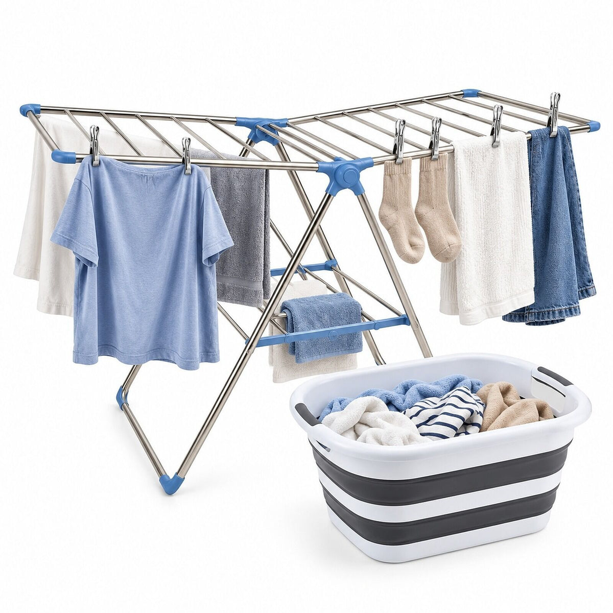 Home Laundry Day Set - 2 Tier Stainless Drying Rack, 40L Collapsible Basket & Steel Pegs
