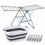 Home Laundry Day Set - 2 Tier Stainless Drying Rack, 40L Collapsible Basket & Steel Pegs