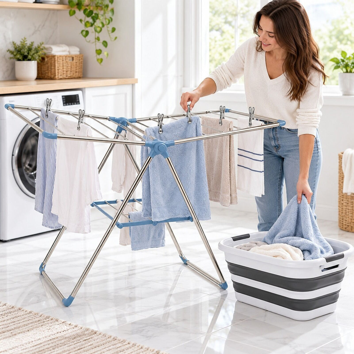 Home Laundry Day Set - 2 Tier Stainless Drying Rack, 40L Collapsible Basket & Steel Pegs