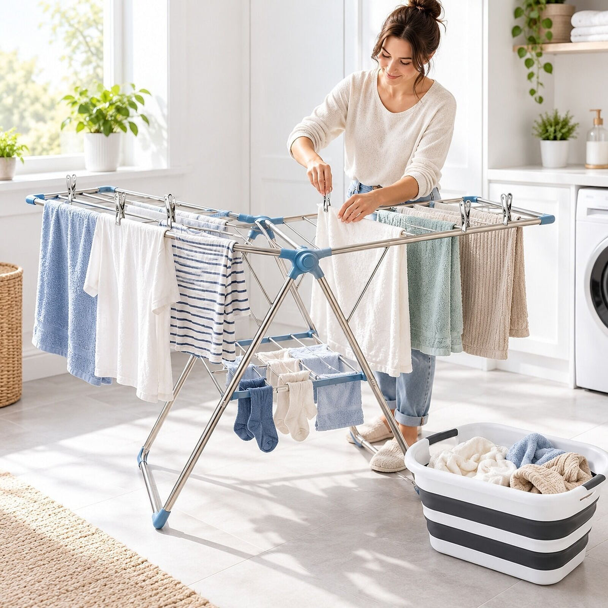 Home Laundry Day Set - 2 Tier Stainless Drying Rack, 40L Collapsible Basket & Steel Pegs