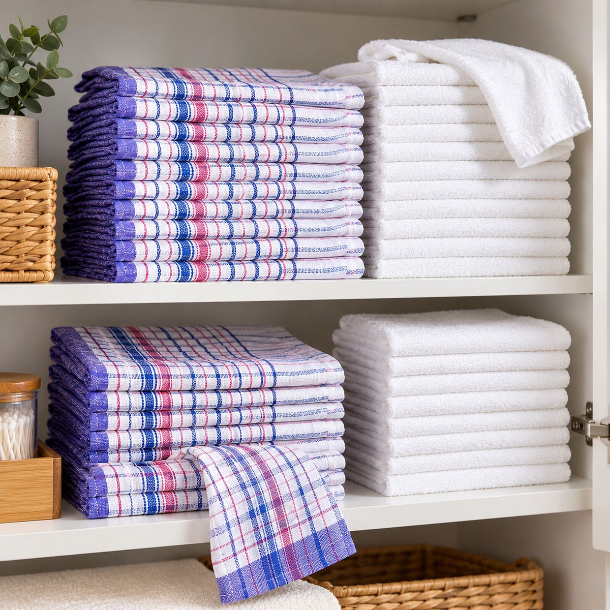 Host Linen Restock Kit - 12 Cotton Tea Towels & 10 White Cotton Hand Towels