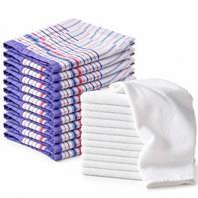 Host Linen Restock Kit - 12 Cotton Tea Towels & 10 White Cotton Hand Towels