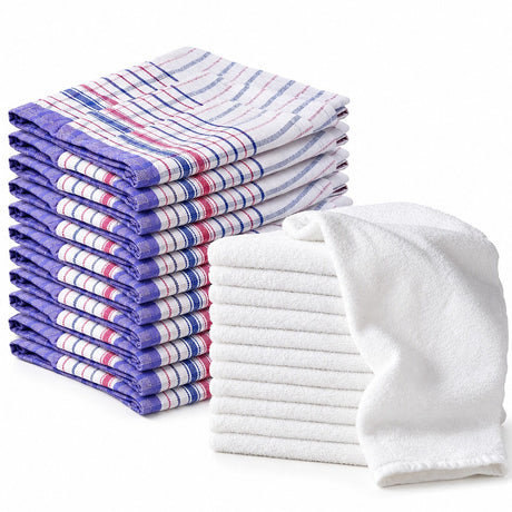 Host Linen Restock Set - 12 Cotton Tea Towels & 10 White Cotton Hand Towels