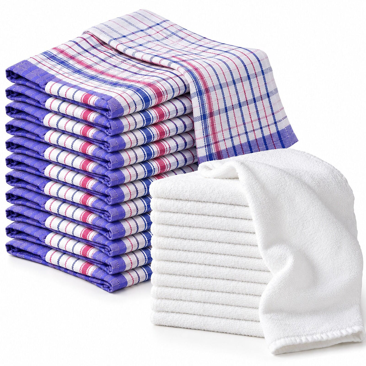 Host Linen Restock Kit - 12 Cotton Tea Towels & 10 White Cotton Hand Towels