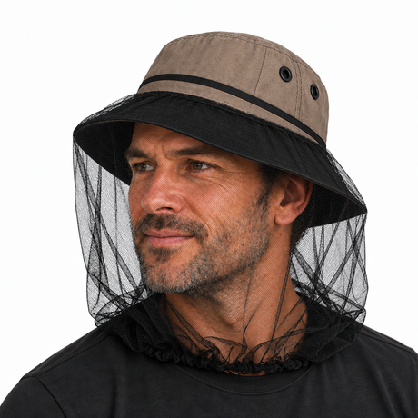 Mosquito Head Net & Hat Set - Mozzie Net + Cotton Bucket Hat (Australian Fishing & Camping)