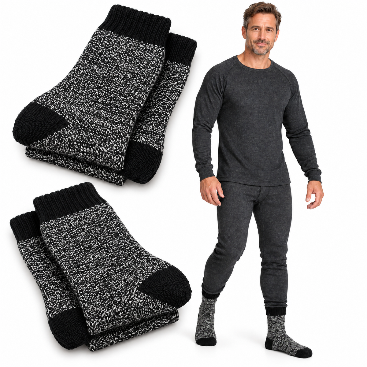 Mens Winter Warmth Set - Merino Wool Blend Thermal Top & Long Johns + 3 Pairs Thermal Heated Socks Bundle