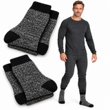 Mens Winter Warmth Set - Merino Wool Blend Thermal Top & Long Johns + 3 Pairs Thermal Heated Socks Bundle