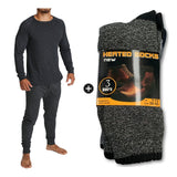 Mens Winter Warmth Set - Merino Wool Blend Thermal Top & Long Johns + 3 Pairs Thermal Heated Socks Bundle