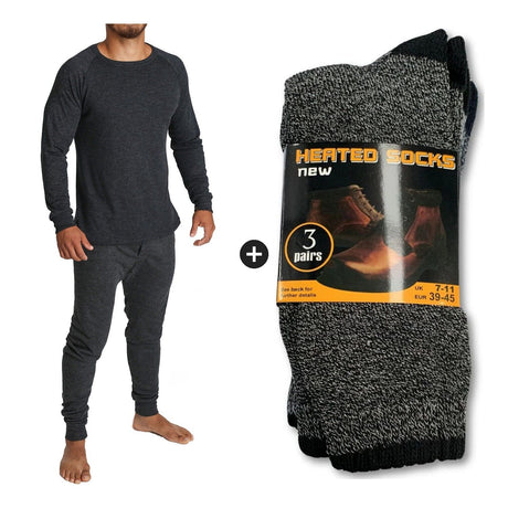 Mens Winter Warmth Set - Merino Wool Blend Thermal Top & Long Johns + 3 Pairs Thermal Heated Socks Bundle