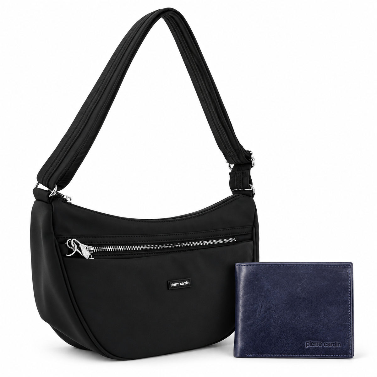 Pierre Cardin RFID Anti-Theft Travel Gift Set - Black Slash Proof Crossbody Bag + Navy Leather RFID Wallet