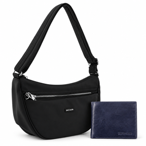 Pierre Cardin RFID Anti-Theft Travel Gift Set - Black Slash Proof Crossbody Bag + Navy Leather RFID Wallet
