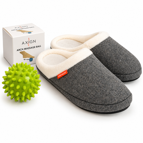 Archline Plantar Fasciitis & Heel Pain Pack - Orthotic Slip On Slippers + Spiky Arch Massage Ball Bundle