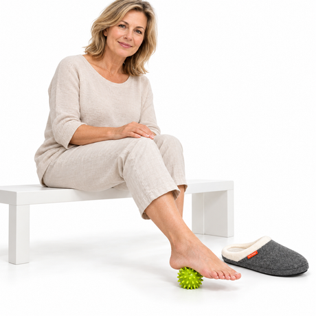 Archline Plantar Fasciitis & Heel Pain Pack - Orthotic Slip On Slippers + Spiky Arch Massage Ball Bundle