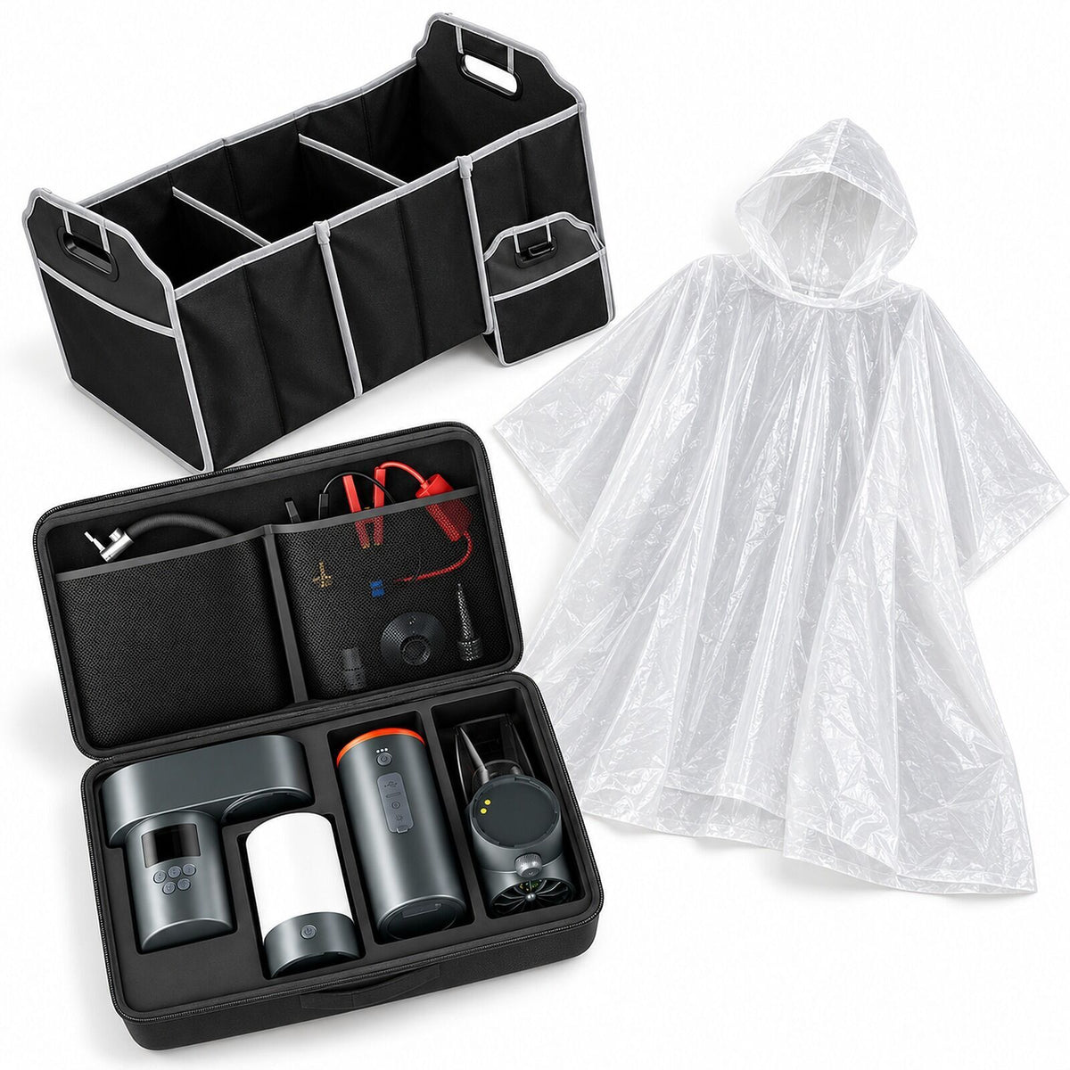 Car Boot Roadside Set - Jump Starter & Tyre Inflator + Boot Organiser + Rain Poncho