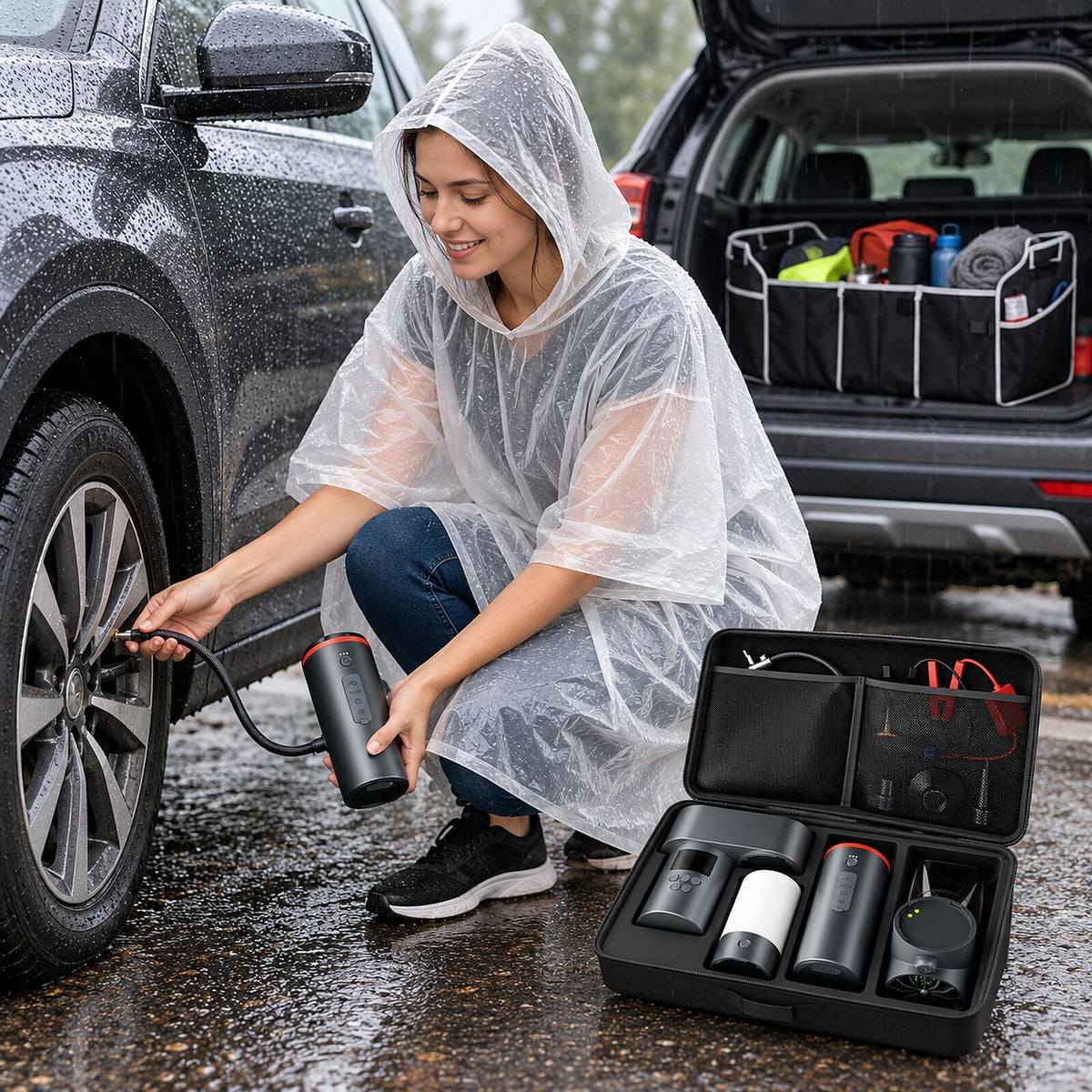 Car Boot Roadside Set - Jump Starter & Tyre Inflator + Boot Organiser + Rain Poncho