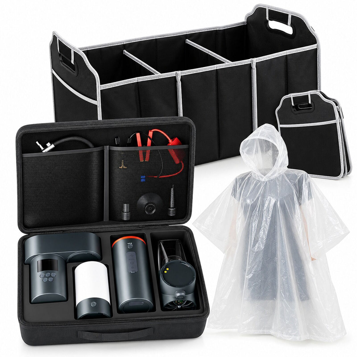 Car Boot Roadside Set - Jump Starter & Tyre Inflator + Boot Organiser + Rain Poncho