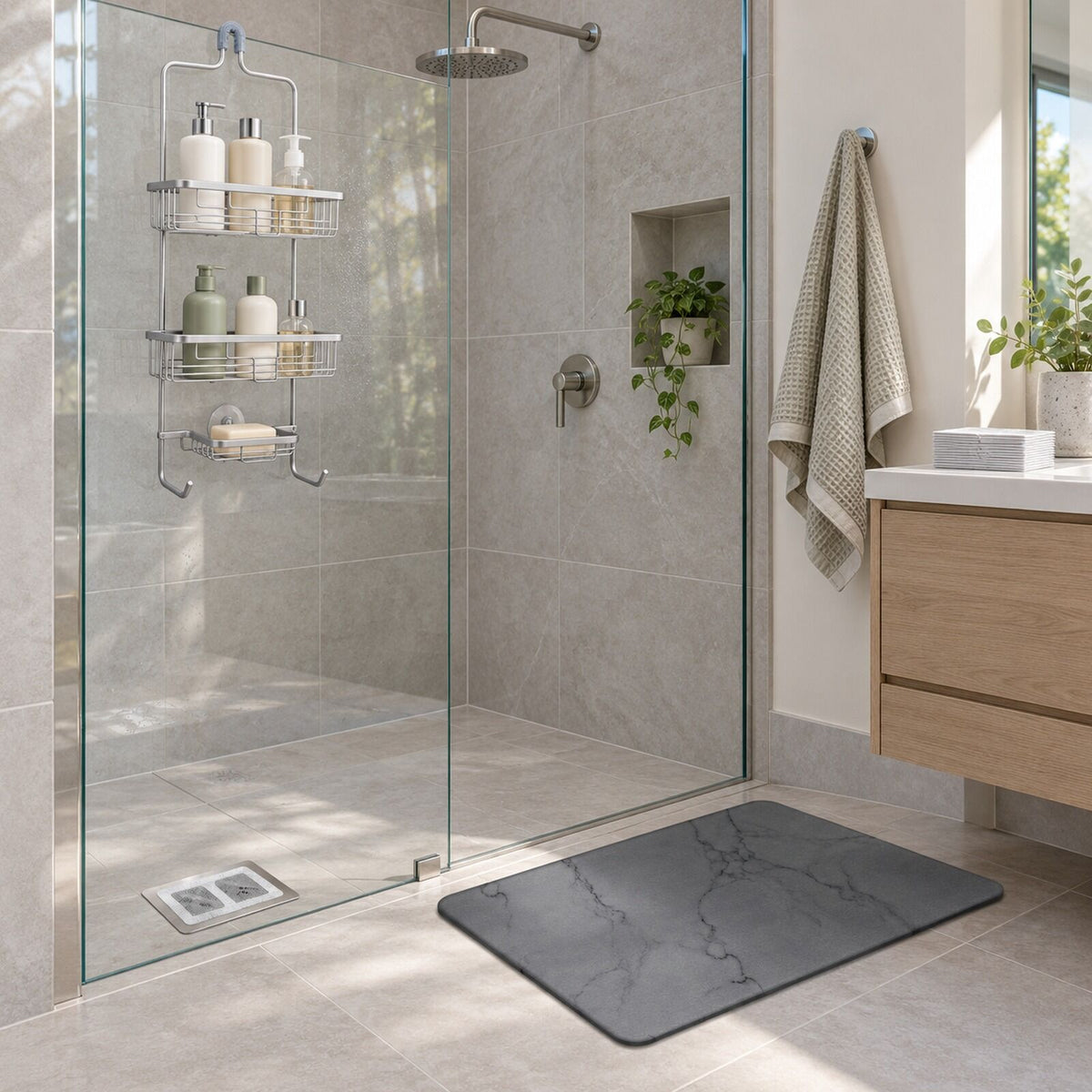 Shower Refresh Kit - Diatomite Stone Bath Mat, 3 Tier Shower Caddy & 10 Drain Hair Catchers