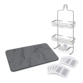 Shower Refresh Kit - Diatomite Stone Bath Mat, 3 Tier Shower Caddy & 10 Drain Hair Catchers