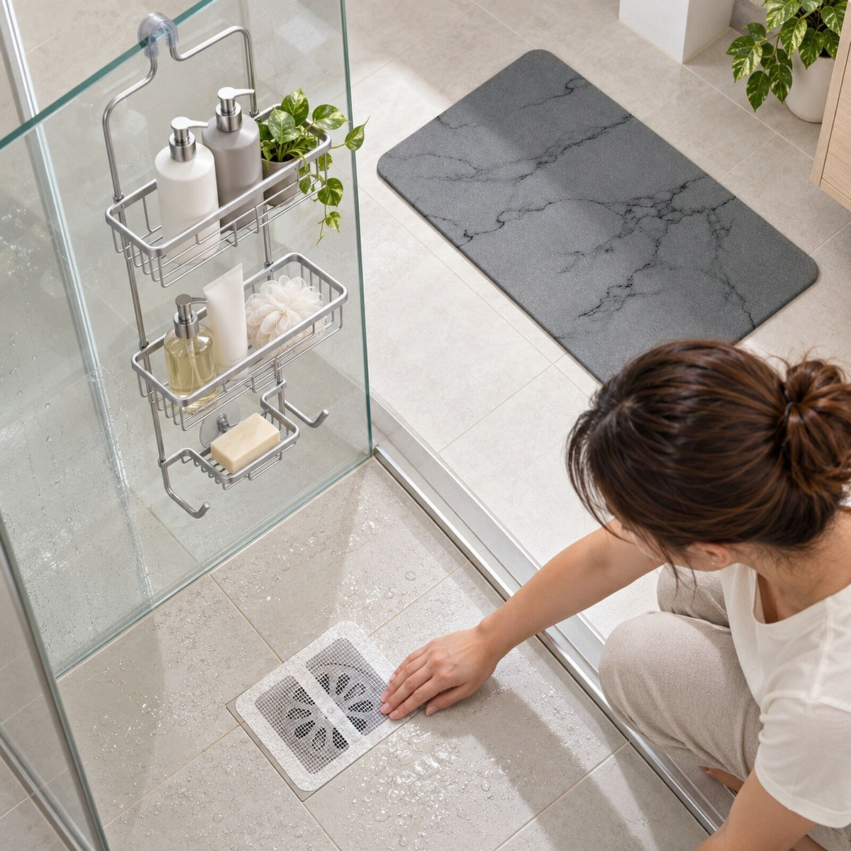 Shower Refresh Kit - Diatomite Stone Bath Mat, 3 Tier Shower Caddy & 10 Drain Hair Catchers
