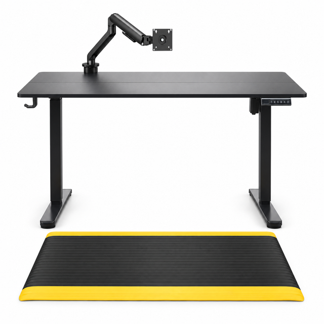 Electric Standing Desk Set - 120cm Sit Stand Desk + Anti-Fatigue Standing Mat + Monitor Arm (Ergonomic Home Office)