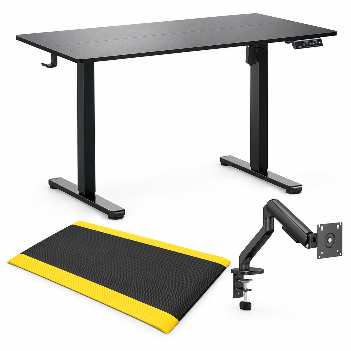 Electric Standing Desk Set - 120cm Sit Stand Desk + Anti-Fatigue Standing Mat + Monitor Arm (Ergonomic Home Office)