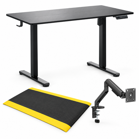 Electric Standing Desk Set - 120cm Sit Stand Desk + Anti-Fatigue Standing Mat + Monitor Arm (Ergonomic Home Office)