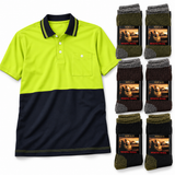 Tradie Workday Workwear Set - 6 Pairs Merino Wool Work Crew Socks + Hi Vis Polo Shirt Bundle (Yellow/Navy)