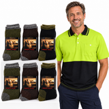 Tradie Workday Workwear Set - 6 Pairs Merino Wool Work Crew Socks + Hi Vis Polo Shirt Bundle (Yellow/Navy)