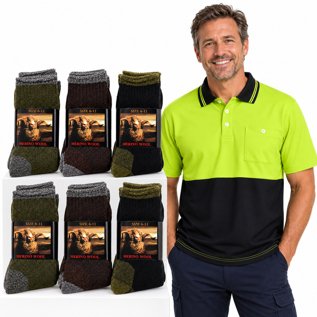 Tradie Workday Workwear Set - 6 Pairs Merino Wool Work Crew Socks + Hi Vis Polo Shirt Bundle (Yellow/Navy)