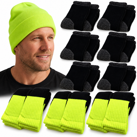 Tradie Workwear Gift Set - 6 Pairs Merino Wool Work Socks + Hi Vis Beanie + 3 Pairs Hi Vis Socks Bundle