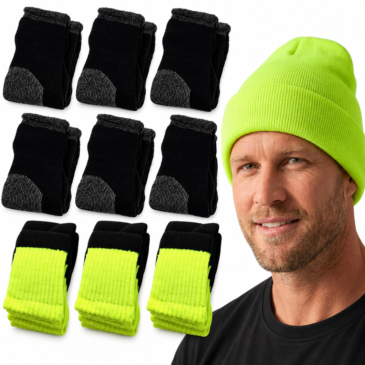 Tradie Workwear Gift Set - 6 Pairs Merino Wool Work Socks + Hi Vis Beanie + 3 Pairs Hi Vis Socks Bundle