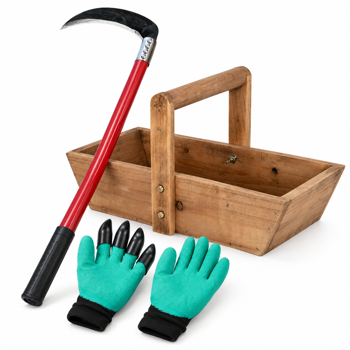 Garden Weeding Pack - Claw Gardening Gloves, Long Handle Sickle & Timber Trug Basket Set