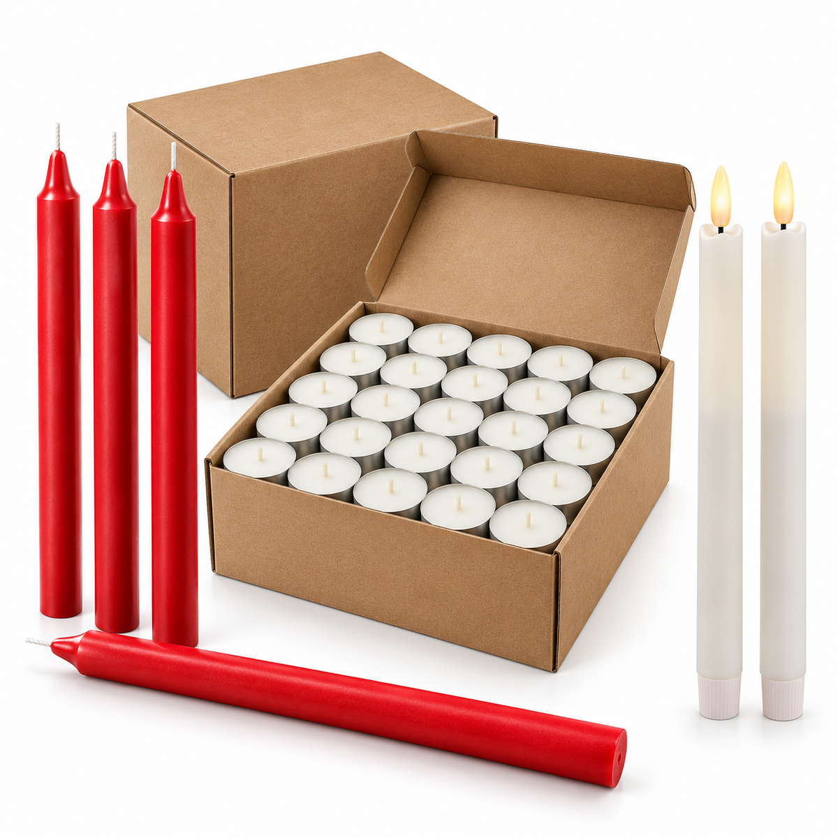 Christmas Candles Set - 200 Tealights, 4 Red Taper & 2 LED Taper (Festive Table Bundle)