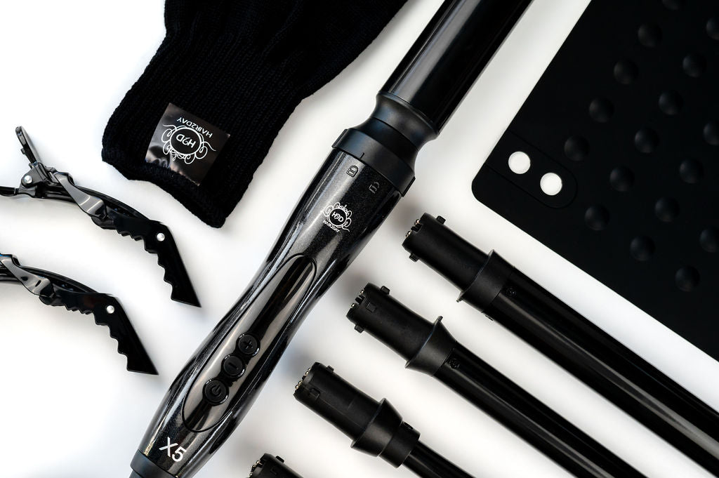H2D X5 Professional Hair Curling Wand Styling Set with Mat, Glove & Clips - Black