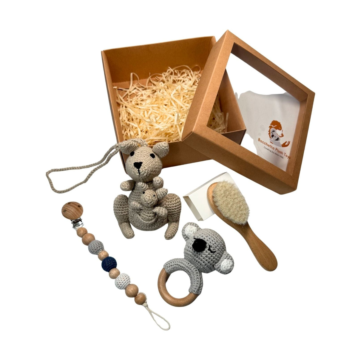 Bocchetta Aussie Baby Shower Gift Box (Koala Teether, Knitted Kangaroo, Brush & Dummy Strap)
