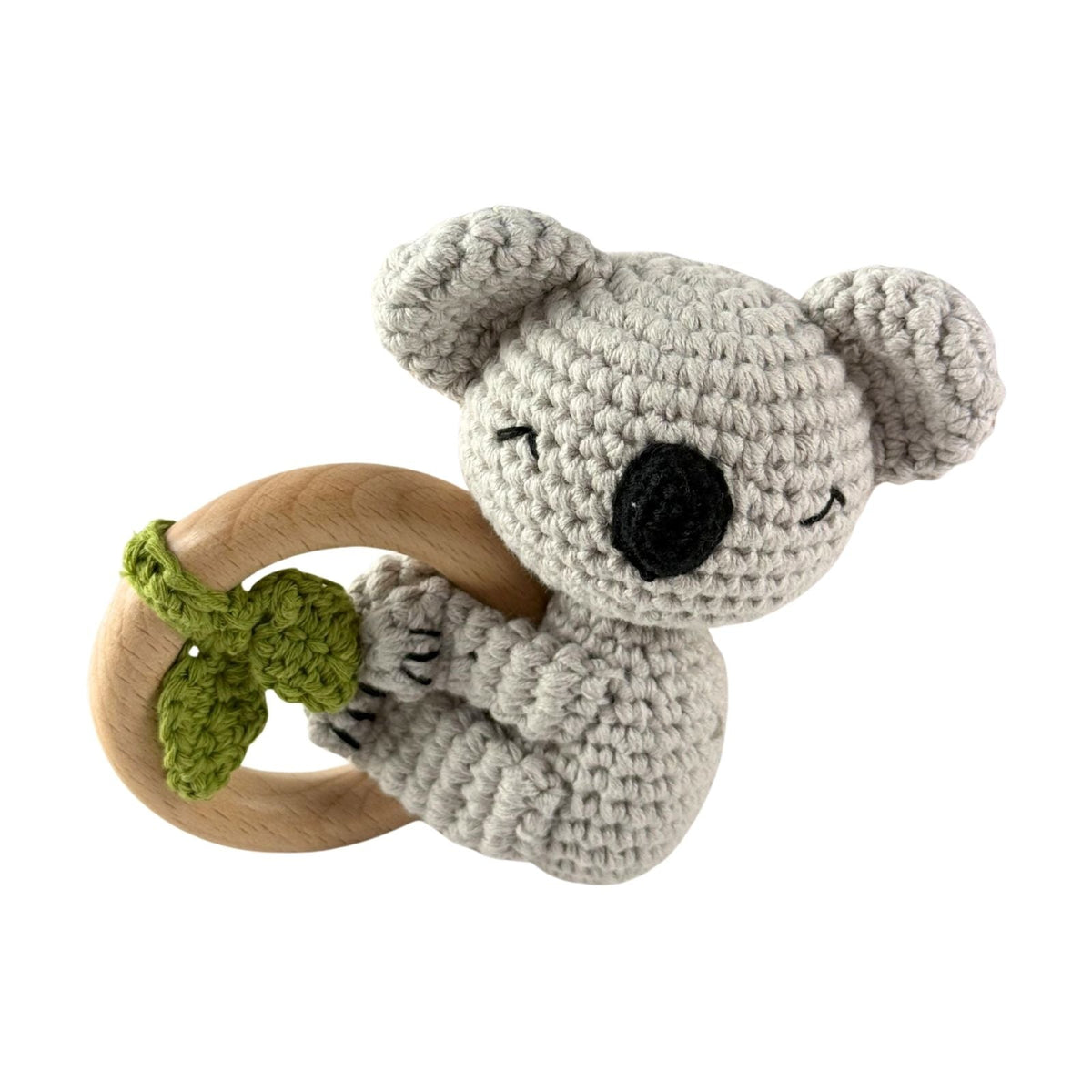 Bocchetta Koala Wooden Baby Teether Ring with Knitted Plush (Beechwood Teething Toy Baby Gift)