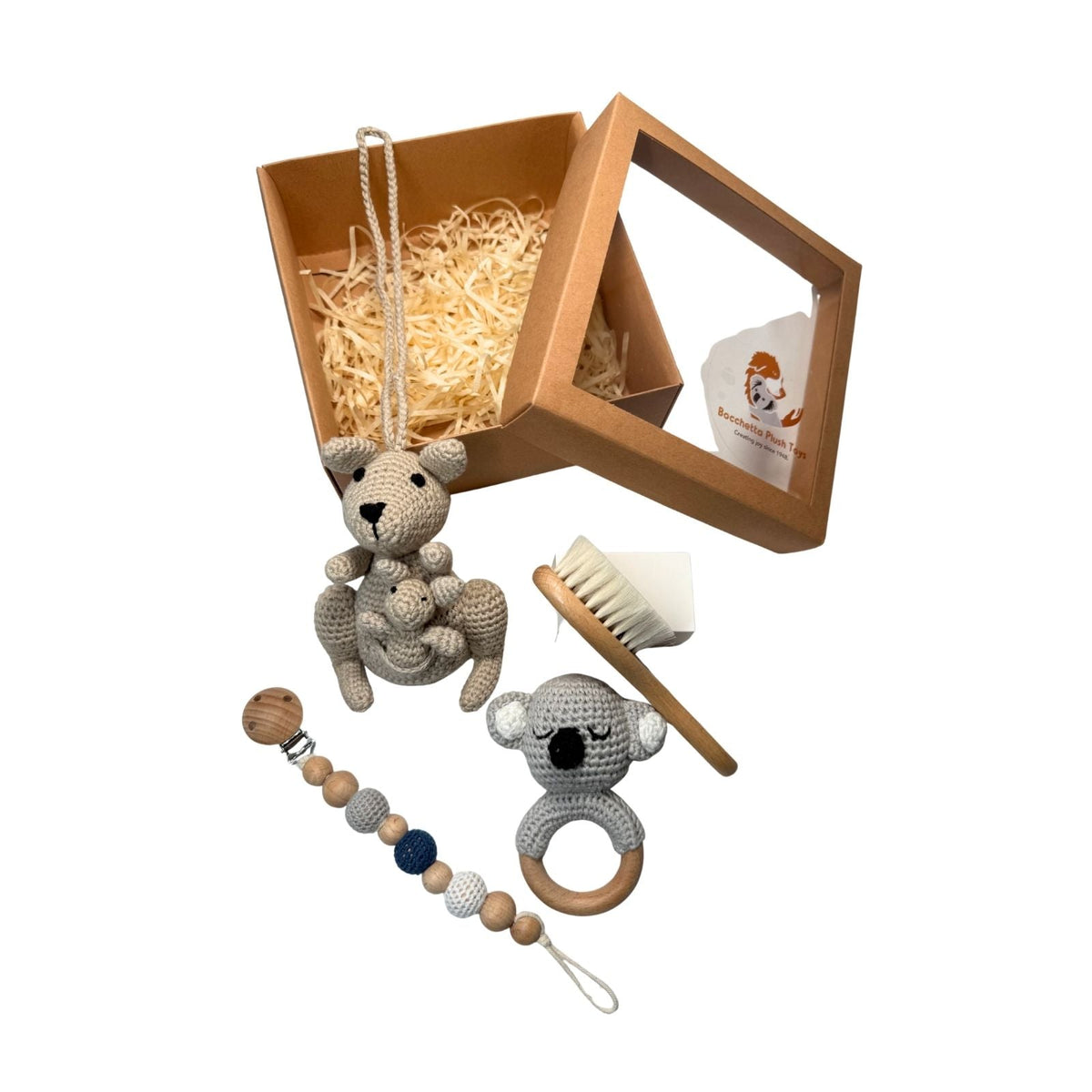 Bocchetta Aussie Baby Shower Gift Box (Koala Teether, Knitted Kangaroo, Brush & Dummy Strap)