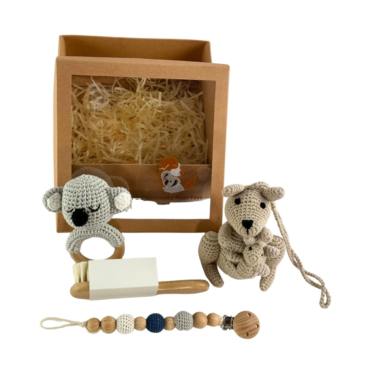 Bocchetta Aussie Baby Shower Gift Box (Koala Teether, Knitted Kangaroo, Brush & Dummy Strap)