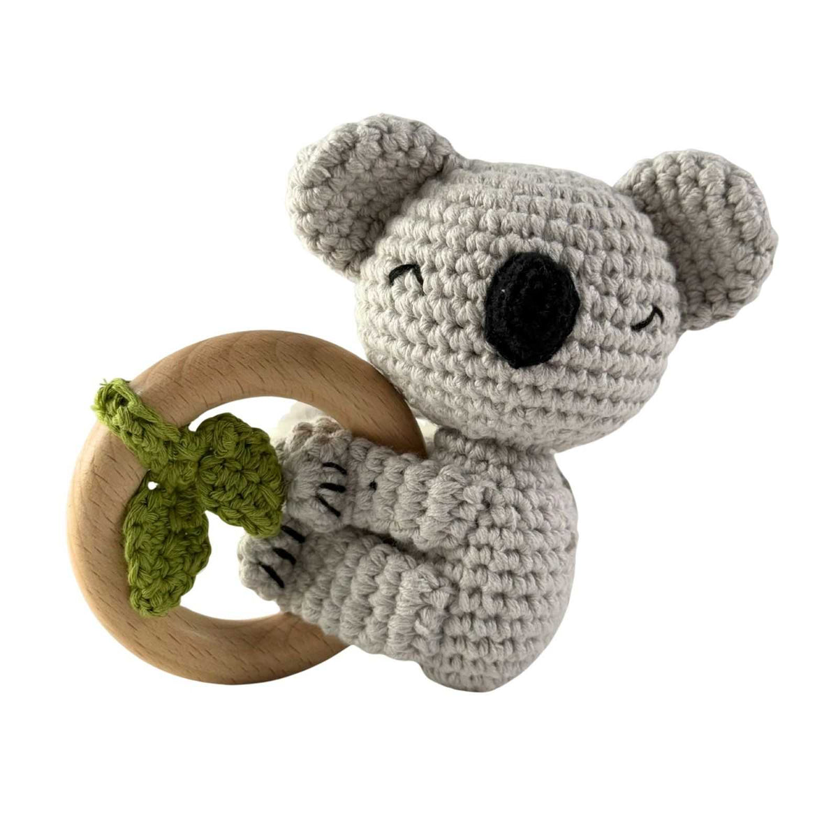 Bocchetta Koala Wooden Baby Teether Ring with Knitted Plush (Beechwood Teething Toy Baby Gift)
