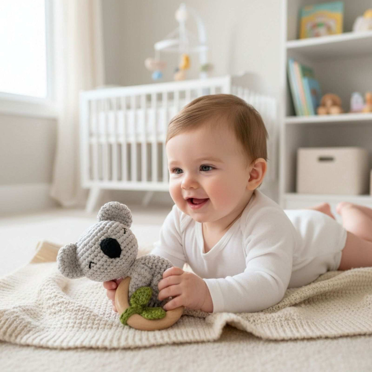 Bocchetta Koala Wooden Baby Teether Ring with Knitted Plush (Beechwood Teething Toy Baby Gift)