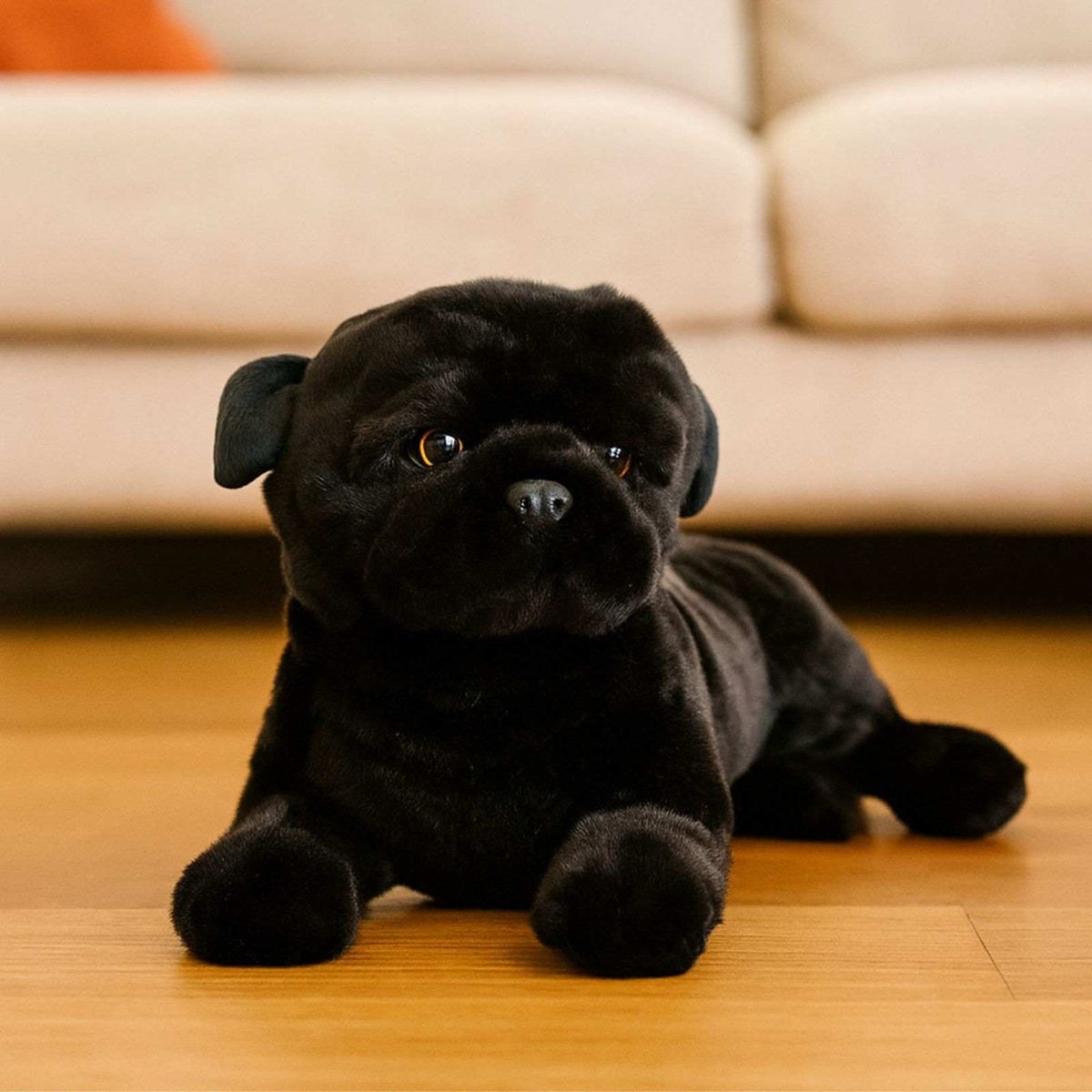 Bocchetta Bandit 44cm Lying Pug Plush Toy - Black (Realistic Stuffed Animal Dog Gift)