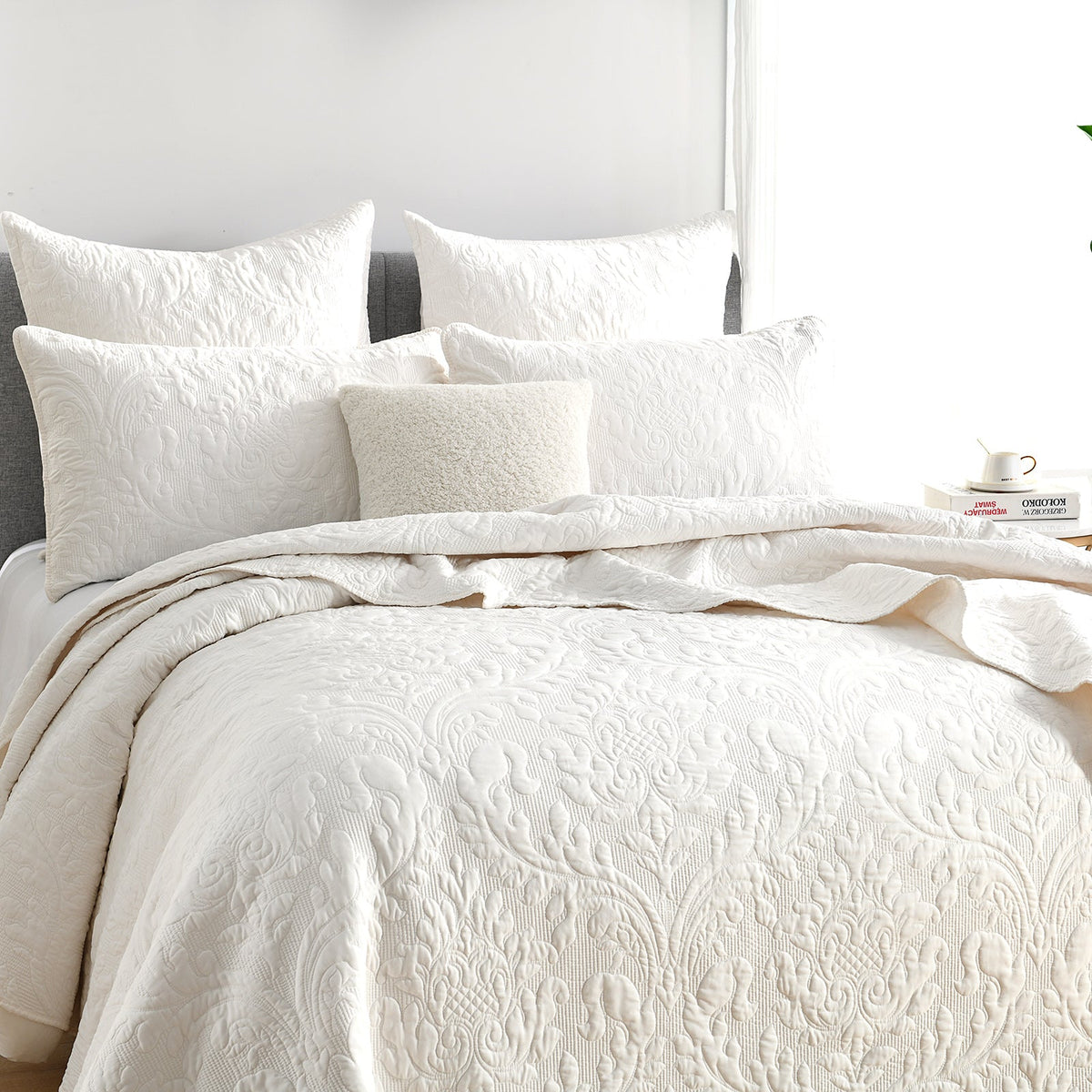Renee Taylor Berlin Jacquard Coverlet Set - Stone (OEKO-TEX Certified Bedspread)