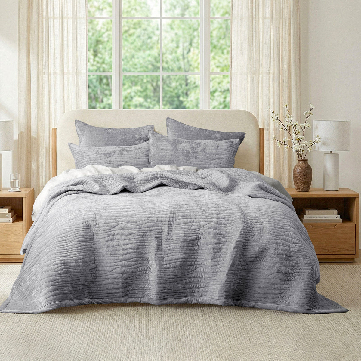 Renee Taylor Blake Velvet Coverlet Set - Silver Line (Bedspread with Cotton Reverse)