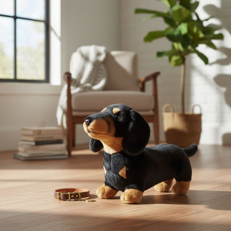 Bocchetta Buddy 36cm Standing Dachshund Plush Toy - Black/Tan (Realistic Stuffed Animal Dog Gift)
