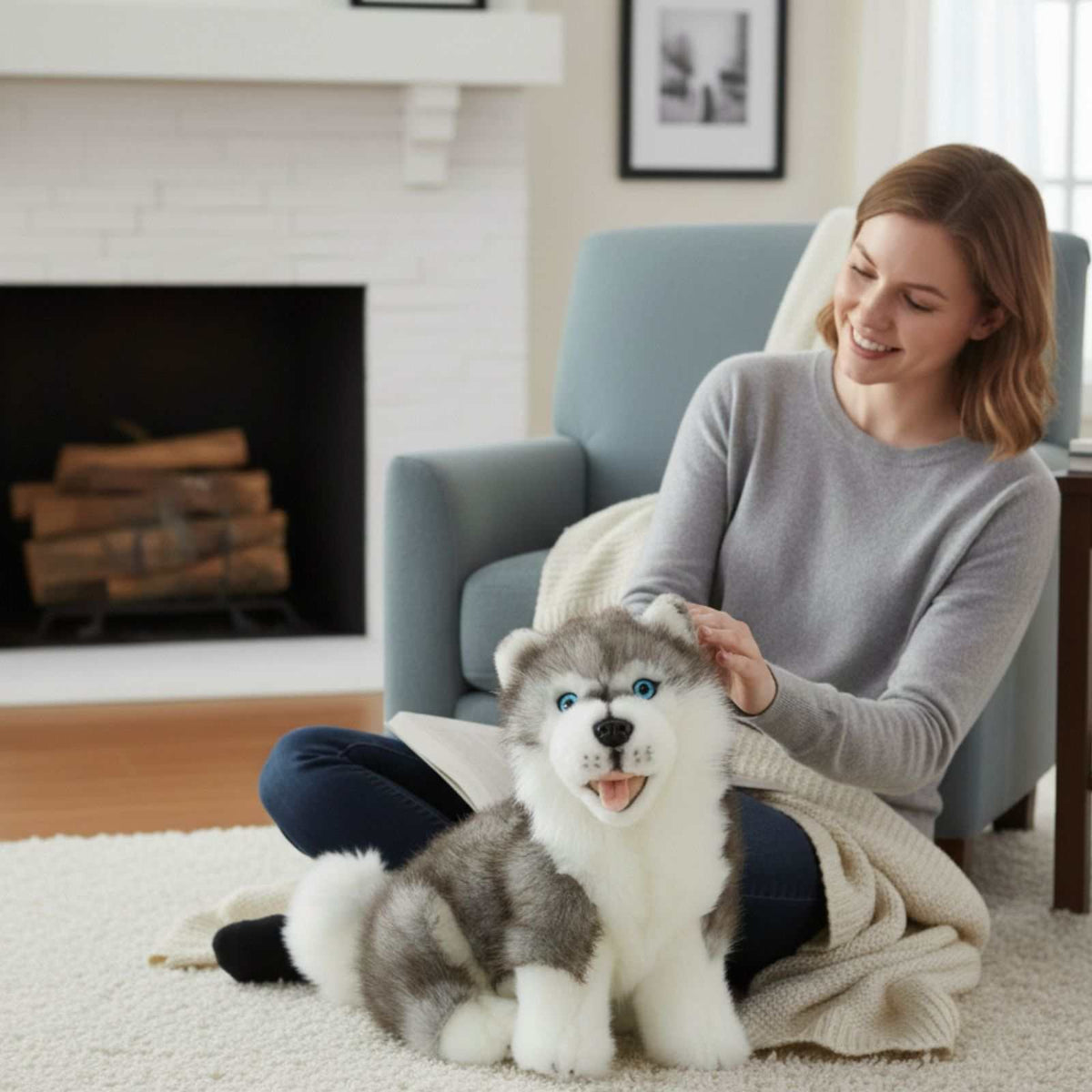 Bocchetta Button 26cm Sitting Husky Puppy Plush Toy (Realistic Stuffed Animal Dog Gift)