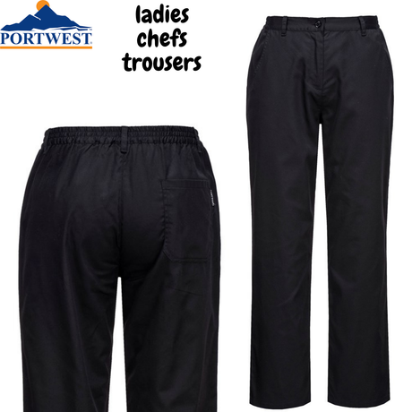Portwest Rachel Womens Chef Trousers - Black (Ladies Hospitality Workwear Uniform)